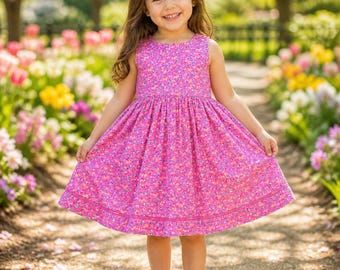 Vestido de verano vintage rosa estampado de manga corta, totalmente forrado con forro interior de algodón cómodo, talla 3-4T.
