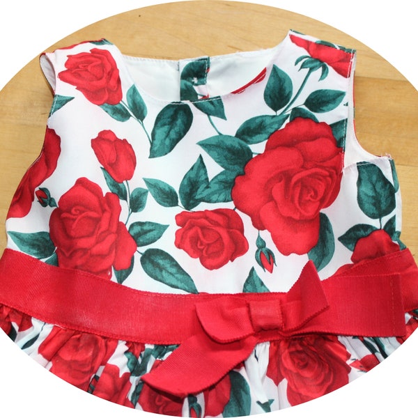 VTG Summer Spring Flared Twirl  Red Rose Toddler Dress - White Underslip Red Grosgrain Ribbon - SZ. 2 - 3T