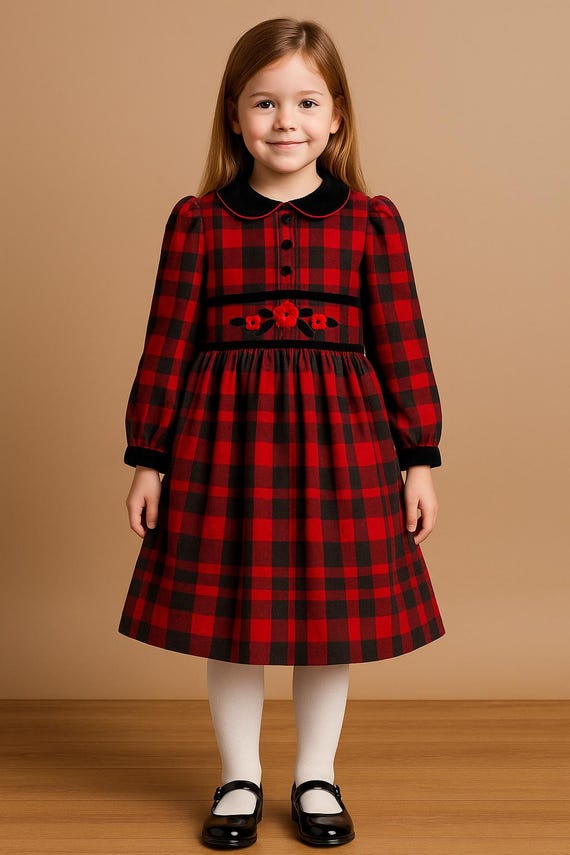slim fit dress slacks Eirene Girls Plaid Dress: Grey and Red with White Collar main image 1