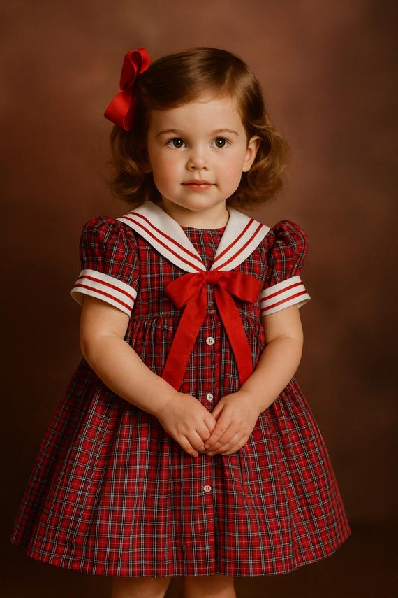 Vtg c.i Castro Nautical Red Plaid School Dress w/Pocket & Red Tie Sz 2T