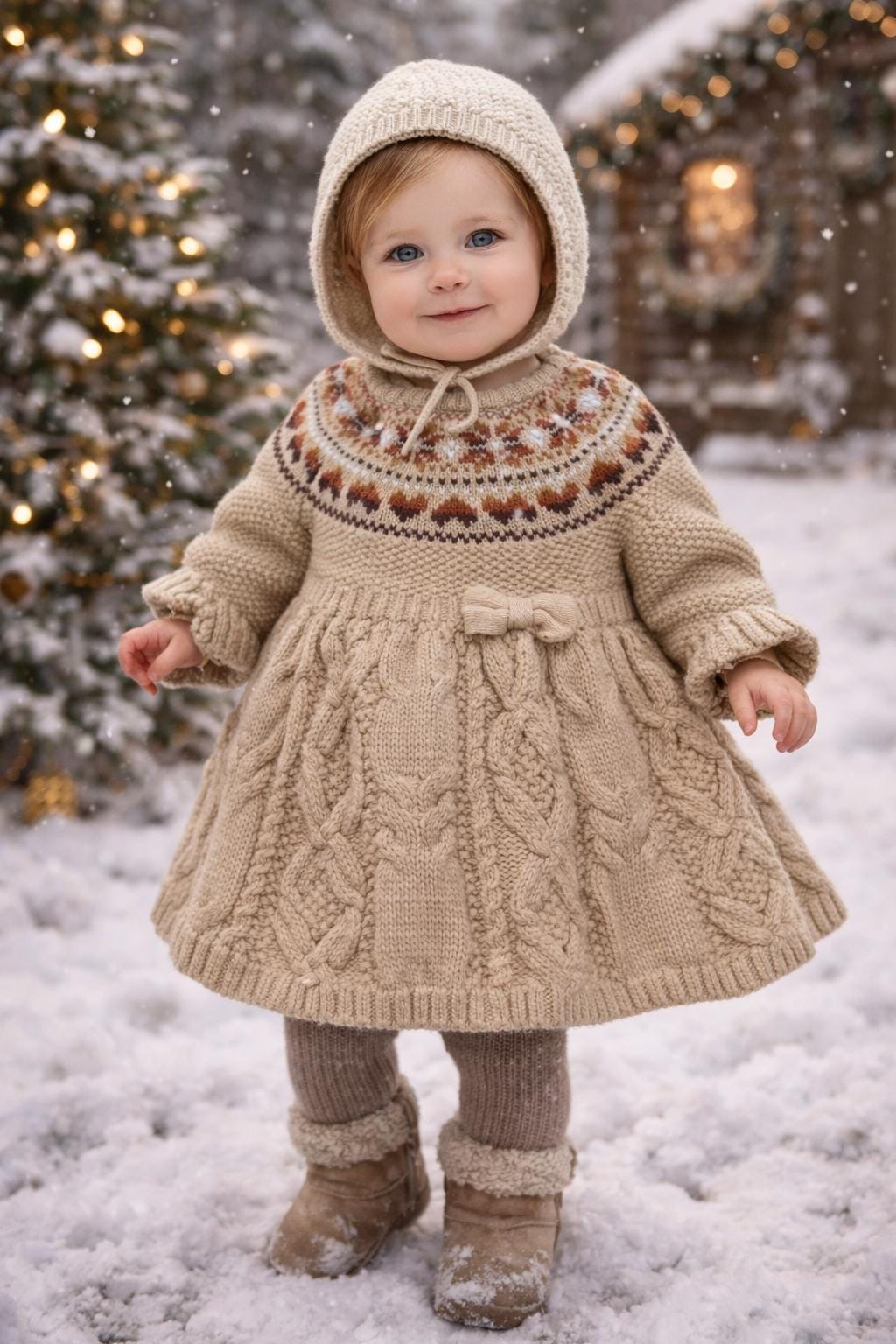 Vintage Fair Isle Knit Baby Dress 6M Classic Tan Cable Knit Sweater Dress Cozy Winter Heirloom Style