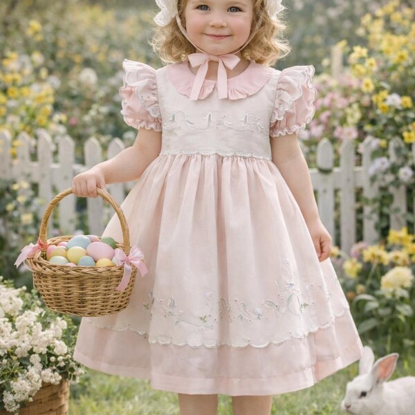 Vintage Pink Easter Dress with Embroidered Pinafore | Girls Spring Dress Set | Size 2–3T | made in Philippines Heirloom Condition