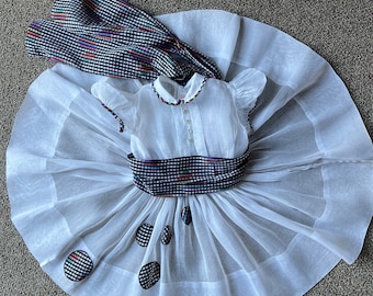 1950s Rare designer Ruth of Carolina unusual White Sheer Organdy Flared Dress with Wide Sash trim in Black/white abstract patterns SZ 5-6