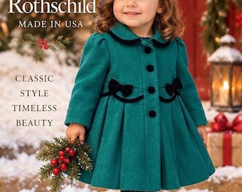 Vintage Rothschild Girls Winter Coat Teal Green Black Velvet Bows Made in USA Classic Holiday Dress Coat 2T