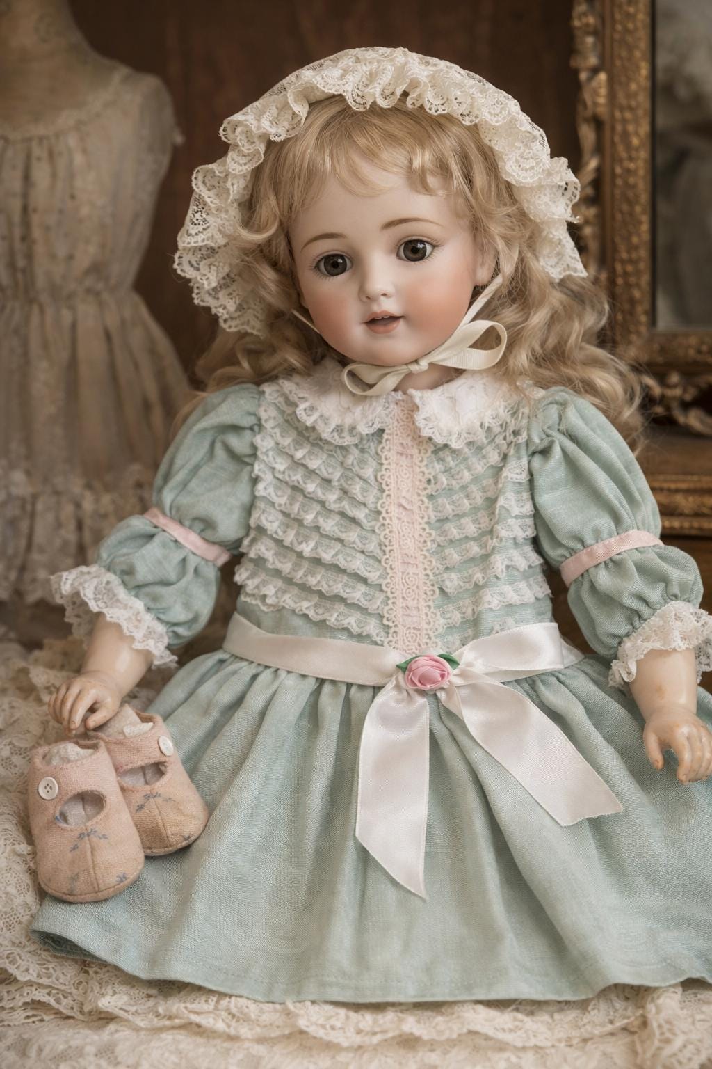 ROBE POUR POUPEE Ancienne Tissu Tartan Et Dentelle Ancienne EUR 35,00 - FR