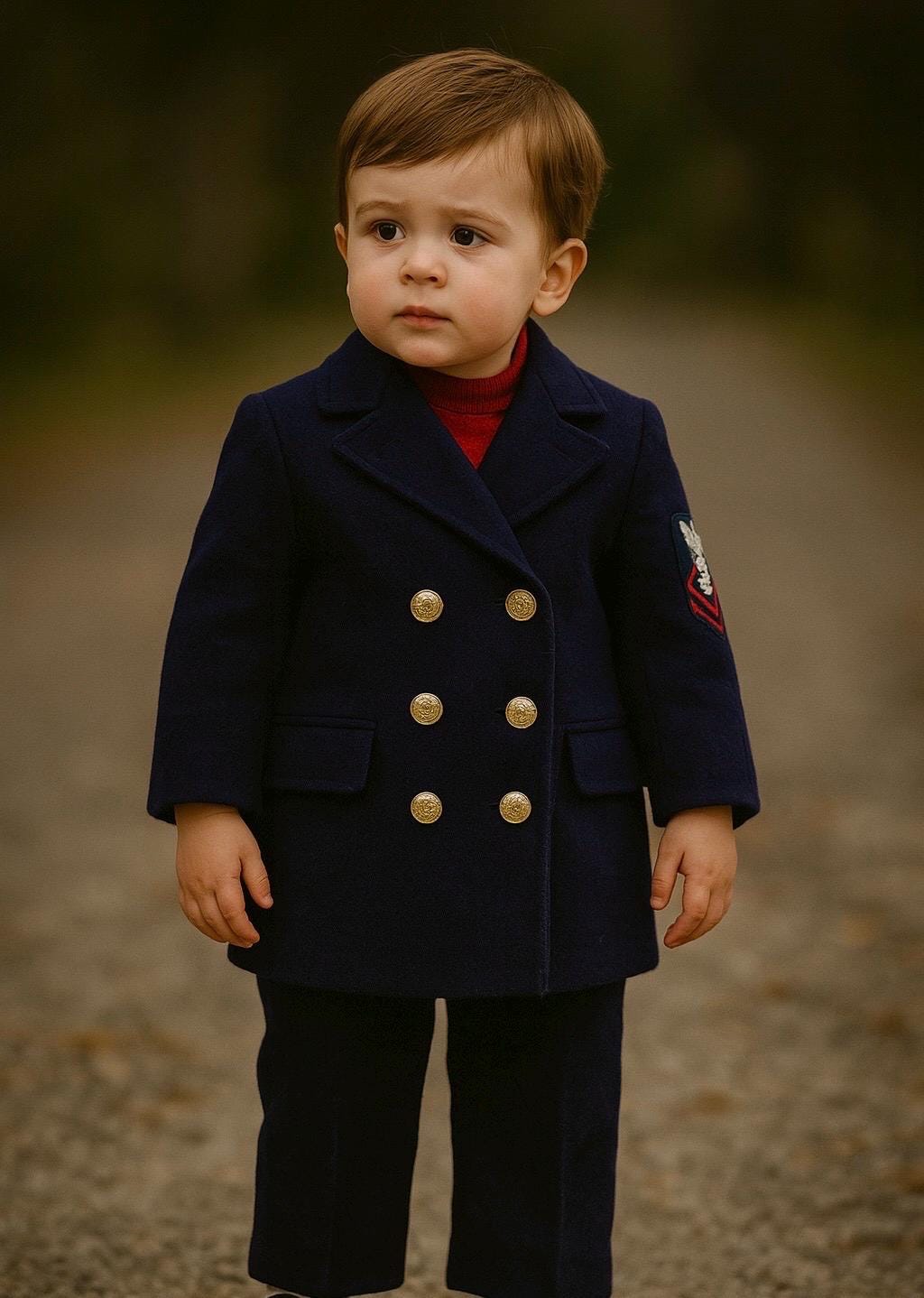 RARE Winter Wonderful Military Style Heavy Navy Wool W/insignia, Brass Buttons coat and matching flannel lined wool snow pants SZ 24 to 36M