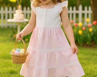 Tahari Mädchen Größe 5 | Pink & Weiß Seersucker Stufenkleid | Klassisches Frühling Sommer Kleid