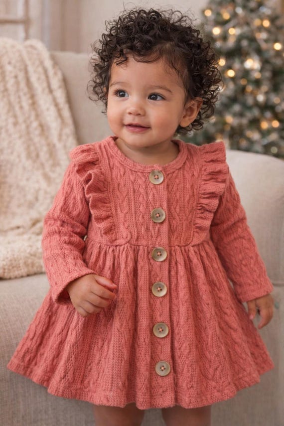 Iris & Ivy Boutique Knit Dress 12M | Soft Salmon Pink Cotton Sweater Dress | Baby Girl Fall Winter Outfit | Photo Ready Heirloom Style