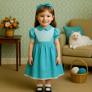 Classic 1950 School Girl Dress Aqua Blue w/Eyelet, bodice, and back tie belt beautiful condition and representative of 1950 Era  SZ 5