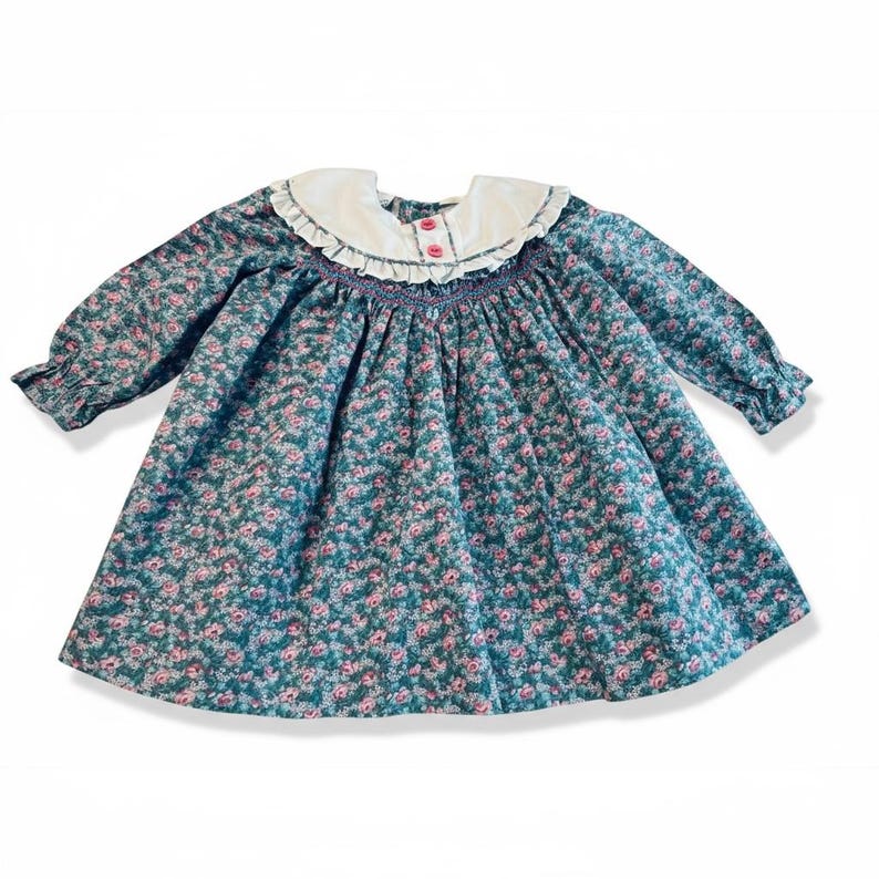 Puede incluir: Vestido de manga larga con estampado floral en tonos turquesa y rosa. El vestido presenta un cuello blanco con volantes y botones rosas. El corpi&ntilde;o tiene un detalle fruncido y las mangas tienen pu&ntilde;os con volantes.
