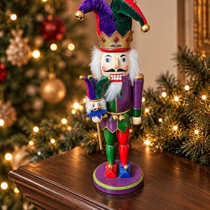 May include: A wooden nutcracker figurine dressed as a jester in purple, green, and red velvet. The figure wears a multi-pointed hat with gold bells, a crown, and holds a miniature jester staff. It features white faux fur hair and a beard.