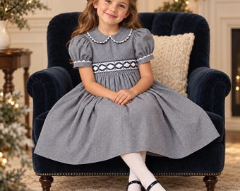 Vestido Amanda Remembered para niñas, color azul marino con fruncido, talla 6 / Vestido con cuello Peter Pan para retrato escolar