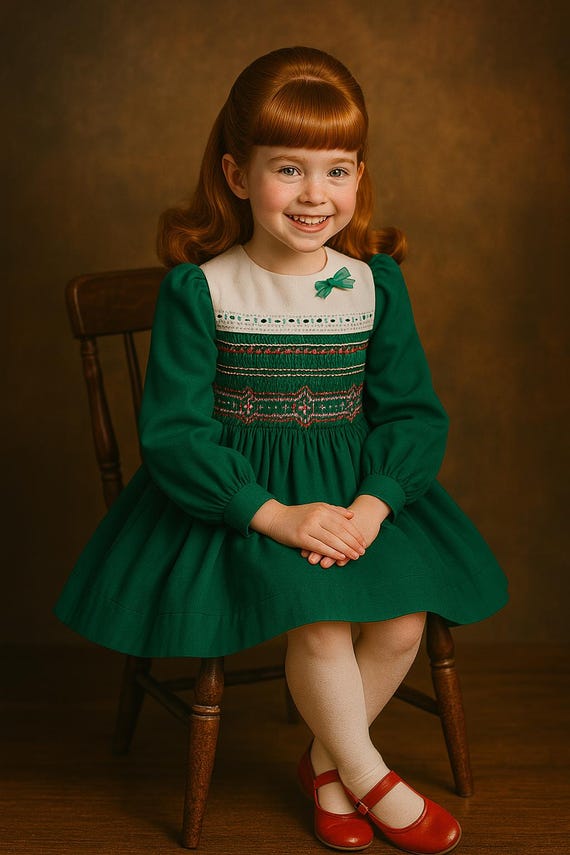 VTG 1980s Polly Flinders Handsmocked/embroidery Green School Dress
