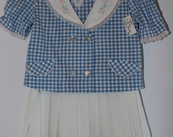 EASTER 1965 - Two Piece Blue Checked Ensemble Hand Embroidery over matching  Spring white pleated dress - SZ 4YR