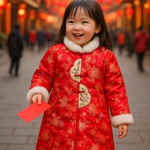 May include: A young child wearing a red coat with floral embroidery and white fur trim, holding a red envelope. The coat features decorative buttons. The background shows a street with red lanterns.