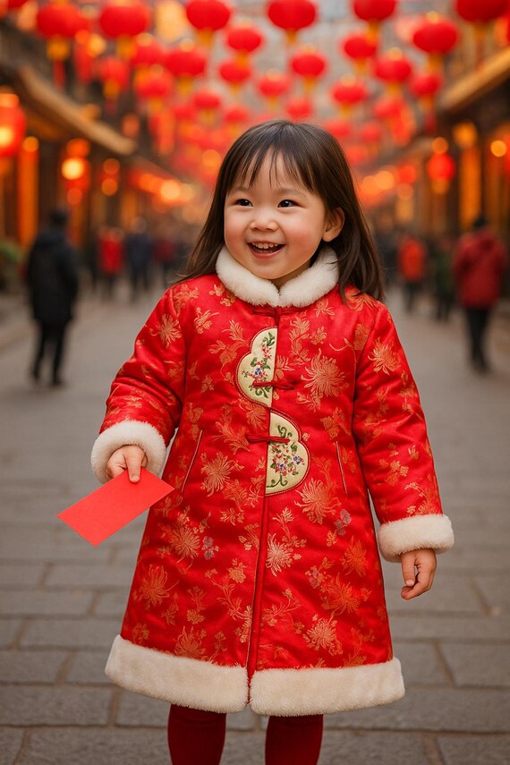 Vintage Toddler Brocade Winter Coat Size 4T-5T | Red Chinese New Year Festival Jacket with Faux Fur Trim & Embroidery