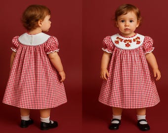 VTG Red Cheer Checked Smocked bishop style Dress w/cheer girl embellishment Toddler Girl SZ 12-18M