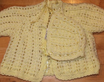 VTG Deadstock Yellow Heavy Cable Crocheted Unisex Baby Sweater Set - Doll Newborn Reborn 12.99 - 0 - 3M
