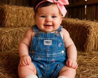 May include: A smiling baby wearing denim overalls with a small pocket and a pink bow headband. The baby is sitting on a pile of hay bales. The overalls have a small patch on the front.