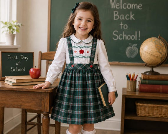 green plaid uniform dress Vintage Polly Flinders Apple Smocked Size 5 | Schoolgirl Jumper Dress | Long Sleeve Cottagecore Fall Dress relaxed