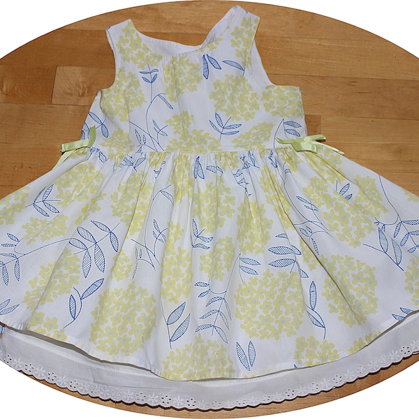 VTG Yellow Blue Print White Cotton Summer Spring Dress with Eyelette Lace Trimmed Underslip - SZ. 2 - 3T