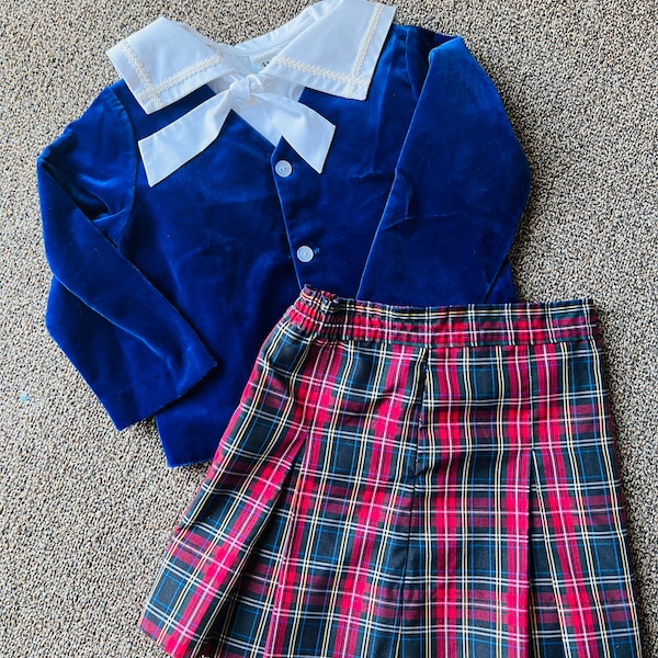 Vintage Catholic school girl, three-piece set blouse and jacket from Deadstock paired with vintage pleated plaid skirt size 4 to 5 years