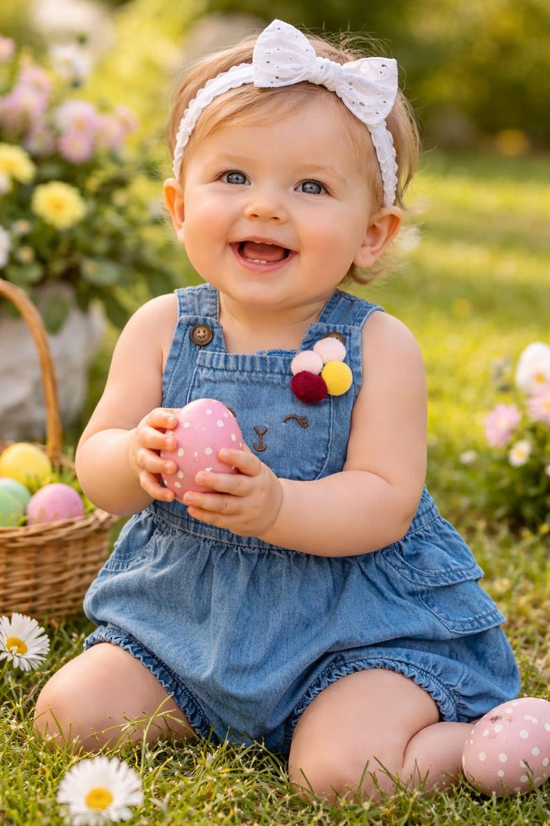 May include: A smiling baby wearing a denim romper and a white bow headband, holding a pink Easter egg with white polka dots. A basket of colorful eggs and flowers are in the background.