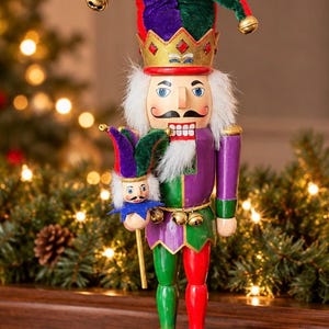 May include: A jester nutcracker figurine wearing a gold crown with red accents, a purple and green velvet hat with gold bells, and a colorful outfit. The figure holds a miniature jester staff and stands on a round purple base with green trim.