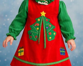 VTG Youngland Red Corduroy Christmas Jumper Dress w/xmas tree embellishment toddler Girl 12M
