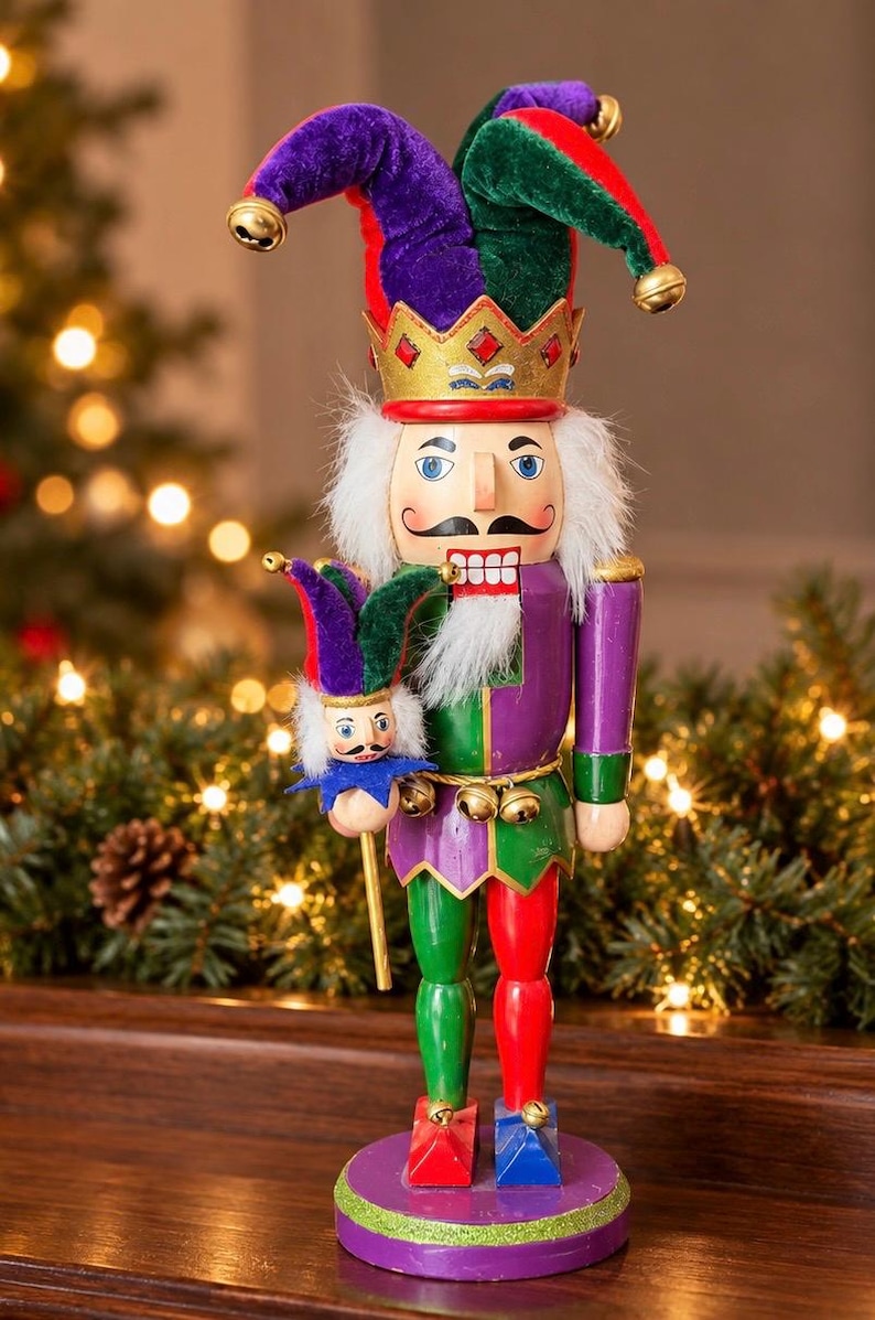 May include: A jester nutcracker figurine wearing a gold crown with red accents, a purple and green velvet hat with gold bells, and a colorful outfit. The figure holds a miniature jester staff and stands on a round purple base with green trim.