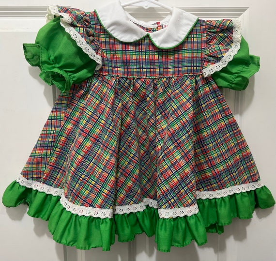 VTG Sears Ruffled Green Multi Color Print Toddler… - image 1