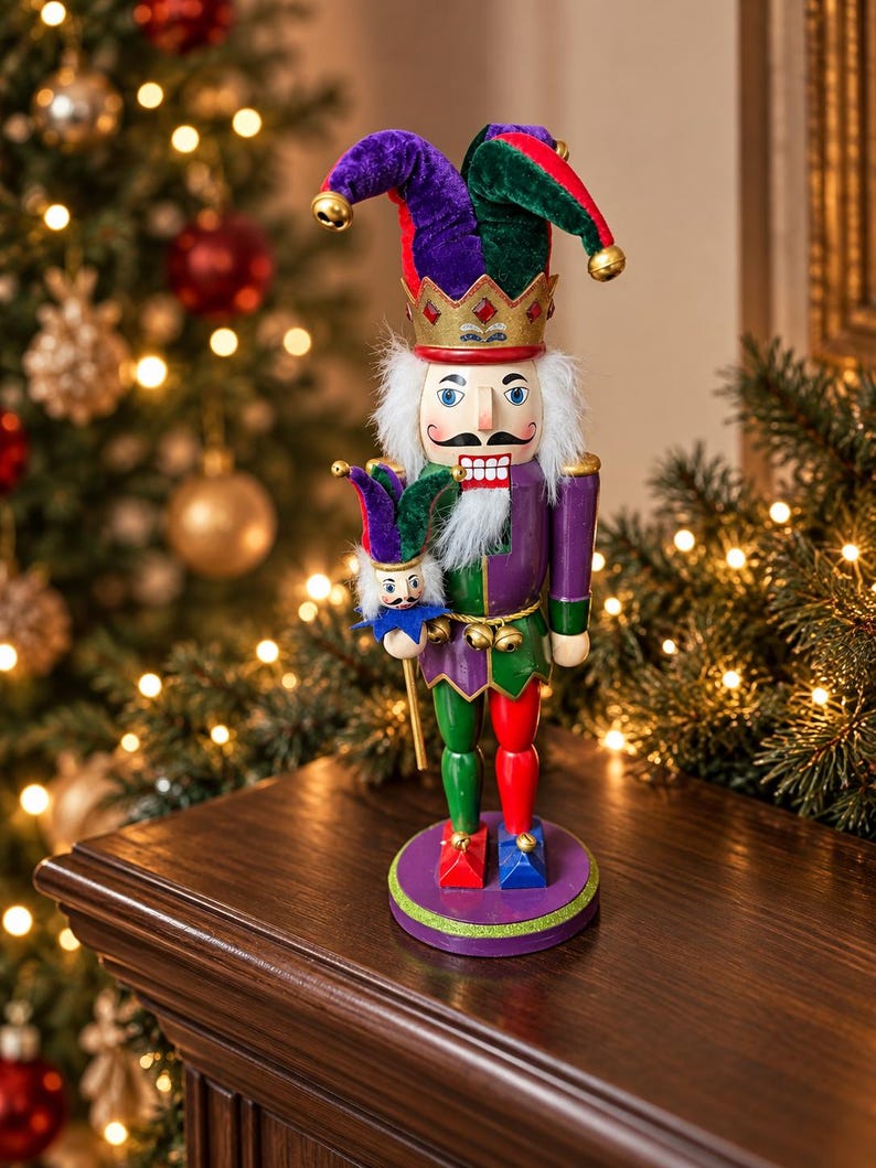 May include: A wooden nutcracker figurine dressed as a jester in purple, green, and red velvet. The figure wears a multi-pointed hat with gold bells, a crown, and holds a miniature jester staff. It features white faux fur hair and a beard.