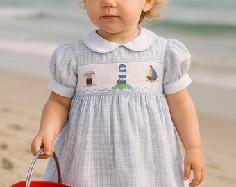Smocked Petit Ami Nautical Themed Sailing Blue White Toddler