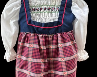 VTG Polly Flinders German Style Blue Bodice W/handsmocking/embroidery/Red Plaid skirt SZ 2T