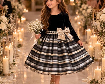 Bonnie Jean Holiday Dress Sz 6 | Black Velvet Bodice & Gold Stripe Skirt | Party Flower Girl Christmas Weddings| Special Occasion Girls Dres