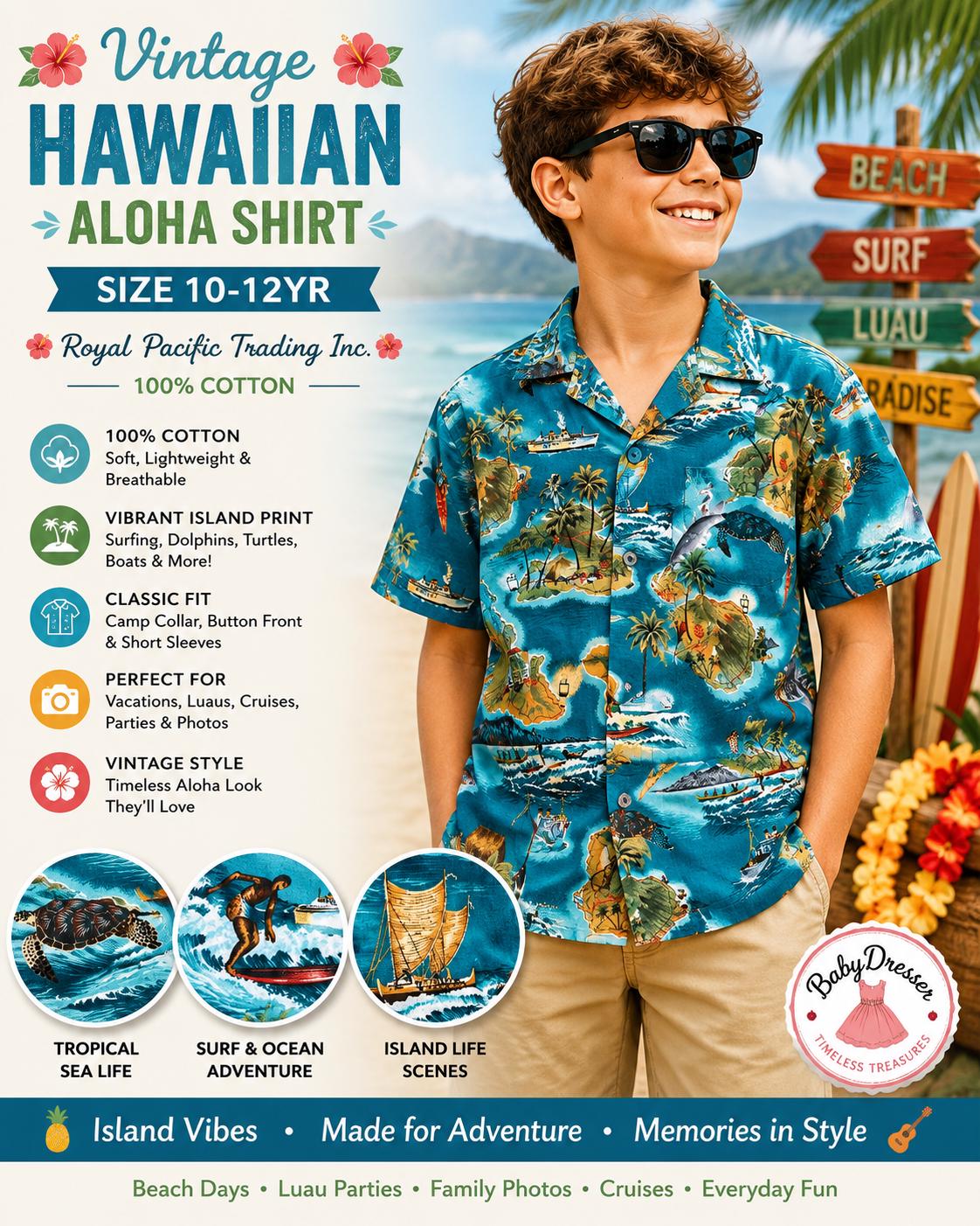 Vintage Hawaiian NWT Aloha Shirt Boys Size 10-12 Royal Pacific Trading Inc. 100% Cotton Tropical Island Print Surf Beach Vacation
