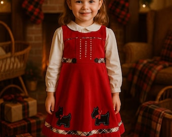 Vintage Rare Edition Red Corduroy Jumper Dress Size 6X, Scottie Dog Appliqué, Plaid Trim Christmas Holiday School Outfit