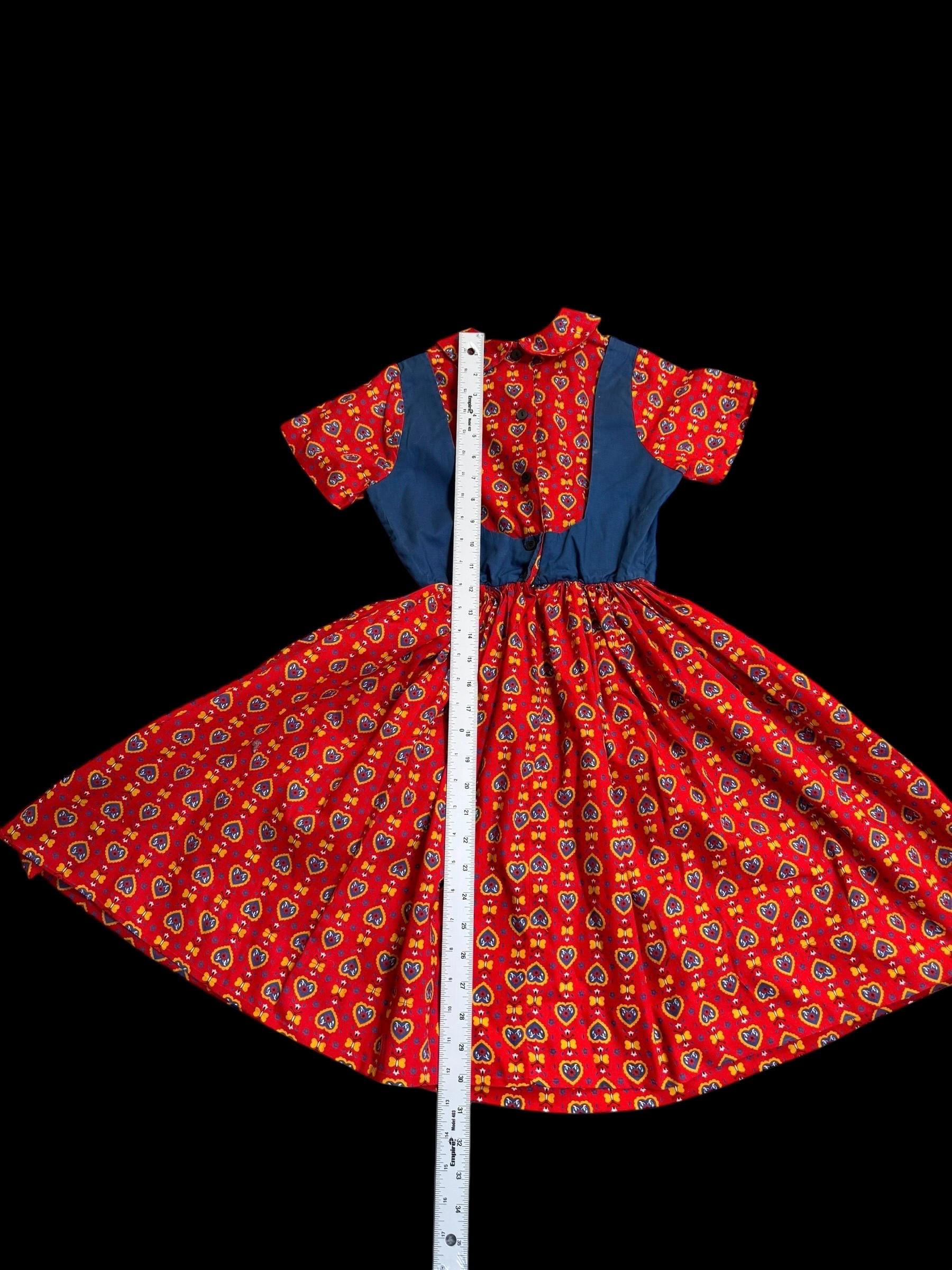 Vintage 1970s Cater Frock Red Heart Print Prairie Dress | Dirndl Folk Style | Girls Size 6-7 | Handmade Texas Vintage Vintage 1970s Cater Frock Red Heart Print Prairie Dress | Dirndl Folk Style | Girls Size 6-7 | Handmade Texas Vintage