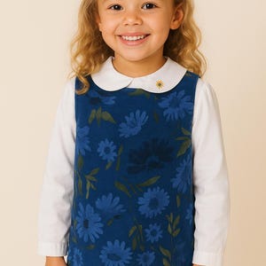Vintage Tabots Kids Navy Flower Cotton Velvet  Invisible Zippered Jumper Dress - SZ. 5YR