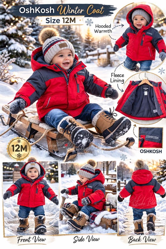 OshKosh Red Navy Hooded Baby Winter Coat | Fleece Lined Toddler Jacket (12M)
