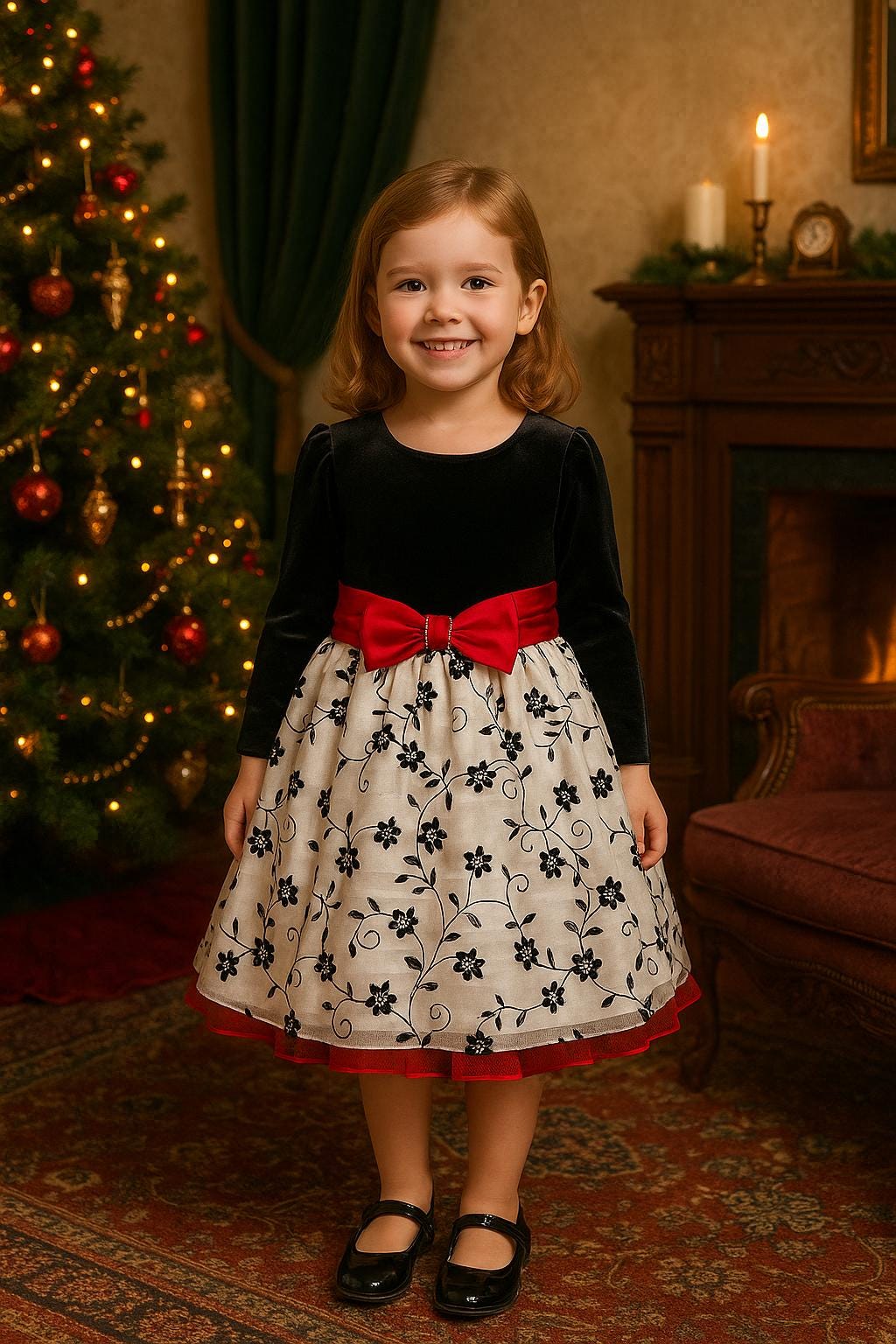 Bonnie Jean Black Velvet Holiday Dress Sz 6 | Red Bow Belt & White Floral Overlay | Vintage-Inspired Christmas Party Dress Unworn Condition