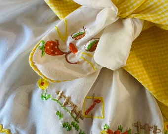 VTG Yellow Gingham Bunny Embellishments Footed Baby or Doll Pinafore Dress Set 0-3M