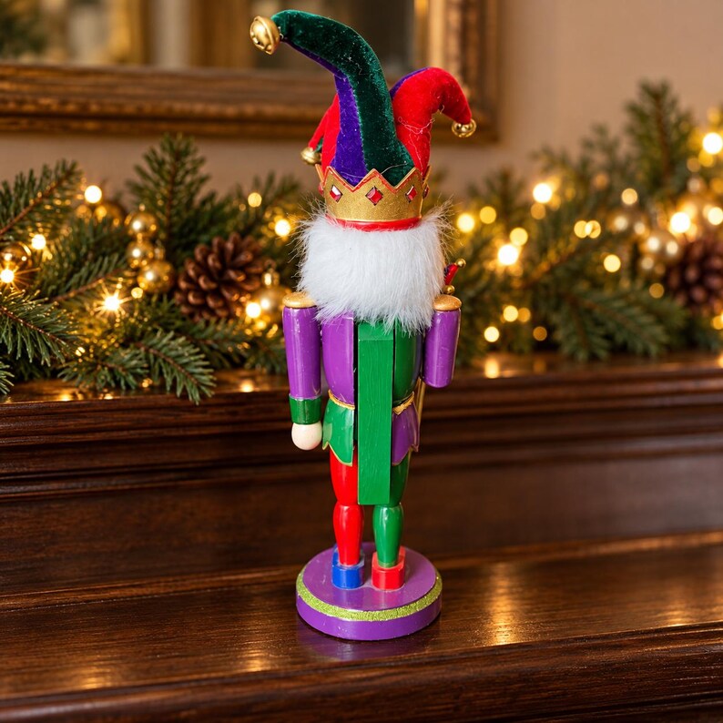 May include: A wooden nutcracker figure wearing a multi-colored jester hat with gold bells, a gold crown, and a white faux fur beard. The figure features a purple, green, and red outfit with a lever on the back and stands on a round purple base.