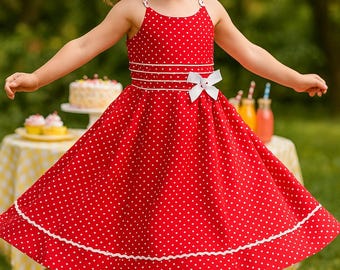 Vestido de verano Rare Editions talla 8, vestido de fiesta rojo con lunares, ribete blanco y lazo, conjunto clásico retro para niñas.