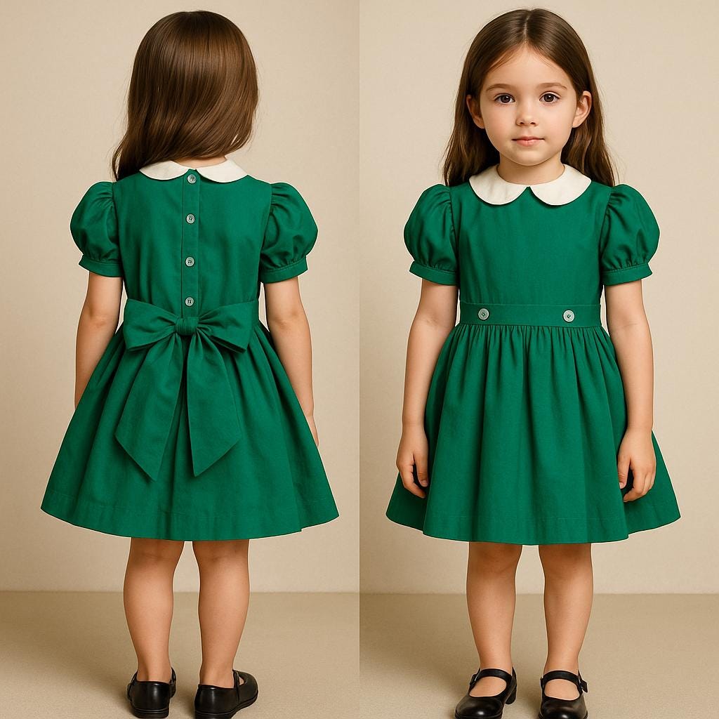 VTG 60s Green School Girl Dress Puffy Sleeves, White  Peter Pan Collar Big Buttons - Girl 5 to 6YR