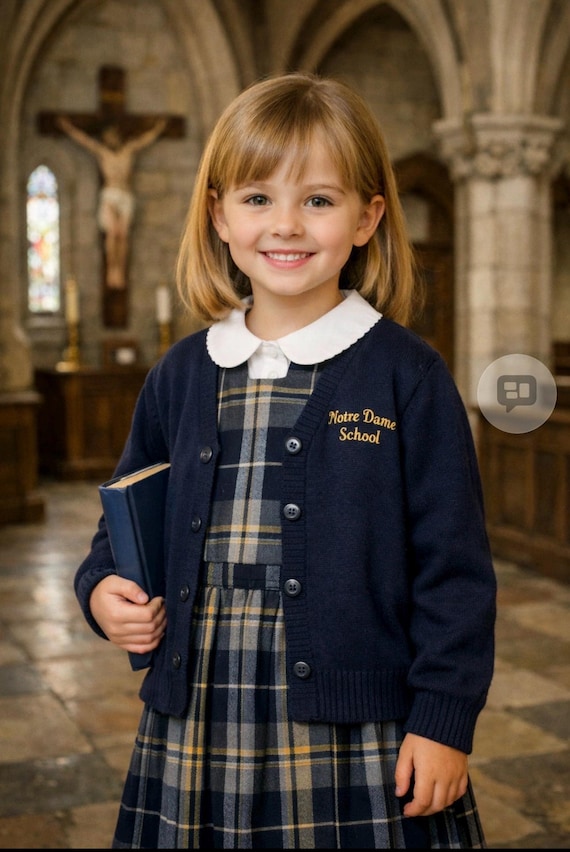 Vintage Blueberry Apparel School Uniform Set | Notre Dame School | Plaid Jumper + Navy Cardigan | Made in USA | Girls approx 4-5