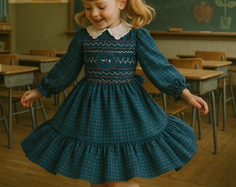 VTG Polly Flinders Handsmocked Blue Plaid School Dress SZ 5