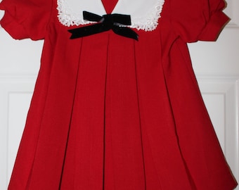 VTG 1980s Red Pleated White Collar Black Bow Puffy Sleeves Wonderland Fashion School Girl Dress - SZ 5YR