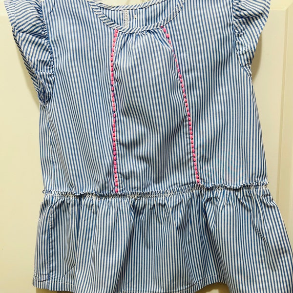 VTG Summer Frock Blue/White striped Drop waist Dress W/pink trim and flutter short sleeves SZ 4-5T