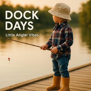 May include: A young child wearing a plaid shirt, jeans, and a bucket hat, fishing with a wooden rod. The image includes the text "DOCK DAYS" and "Little Angler Vibes". The child is wearing yellow boots.